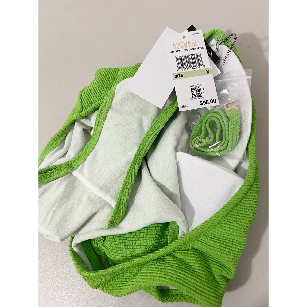 Michael Kors Green Apple Ribbed One Shoulder Cutout One Piece Swimsuit 8